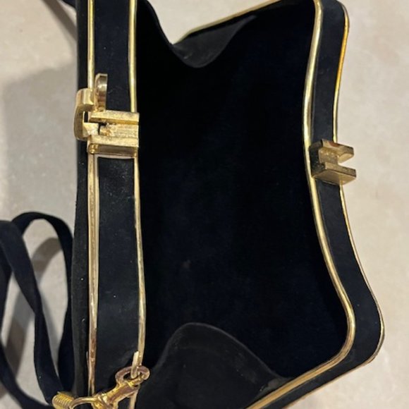VTG Black Suede Gold Trim Clamp Hard Case Hinged Shoulder Bag Clutch 7.25"x6.25" - Picture 9 of 16